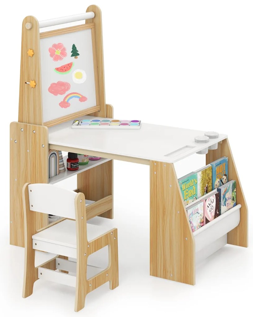 Conjunto de mesa e cadeira para crianças com 2 quadros, rolo de papel, copos para tinta, cavalete e cadeira multifuncional cor natural e branca