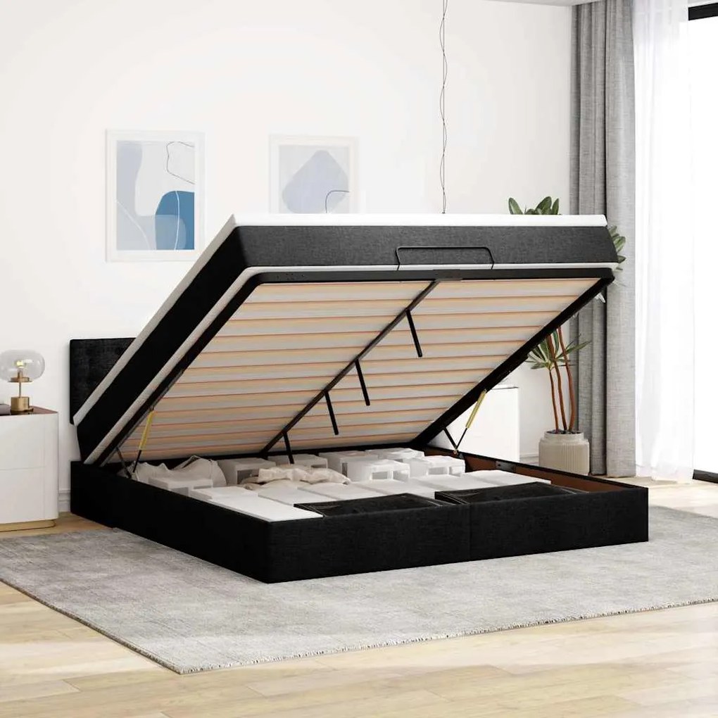 Cama Otomana com colchão &amp; LEDs 180x200cm tecido preto