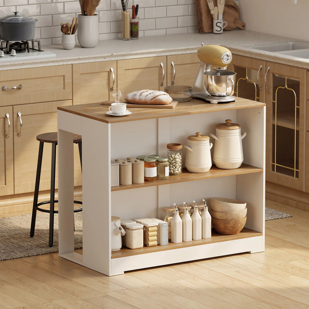 Mesa alta de cozinha 113 x 60 x 90 cm com 3 níveis e 2 compartimentos abertos, tampo com efeito de madeira natural, branca