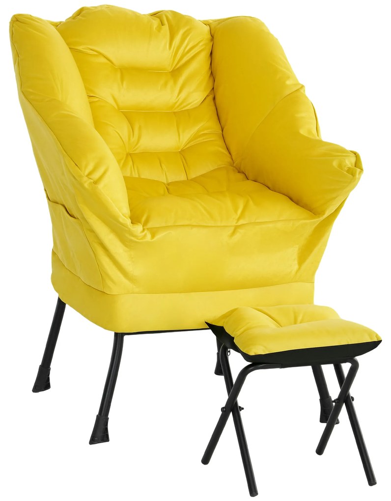 HOMCOM Poltrona Sala de Estar com Apoio para os Pés Poltrona Relax para Leitura com Bolsos Laterais 80x78x100 cm Amarelo