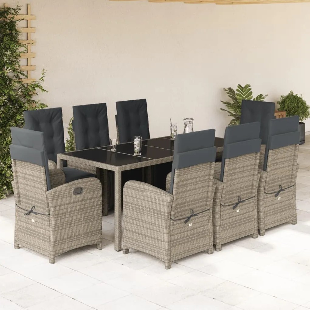 9 pcs conjunto de jantar p/ jardim c/ almofadões vime PE cinza