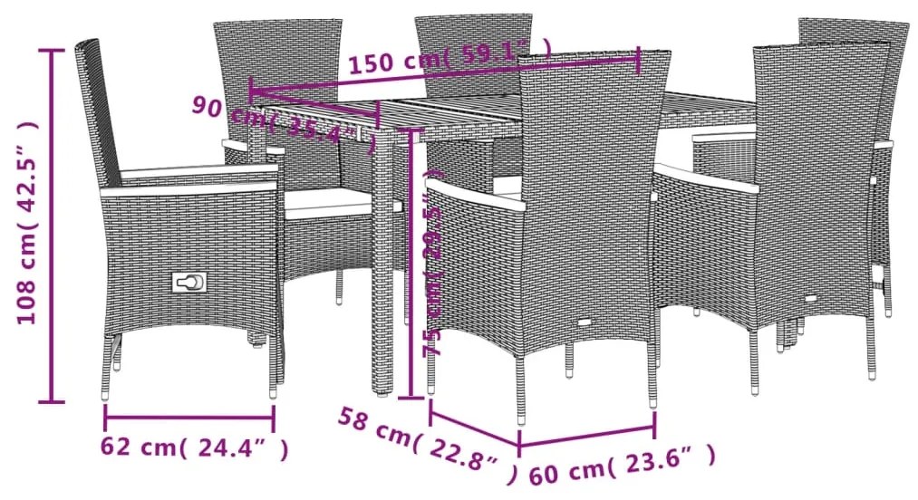 7 pcs conjunto de jantar p/ jardim c/ almofadões vime PE preto