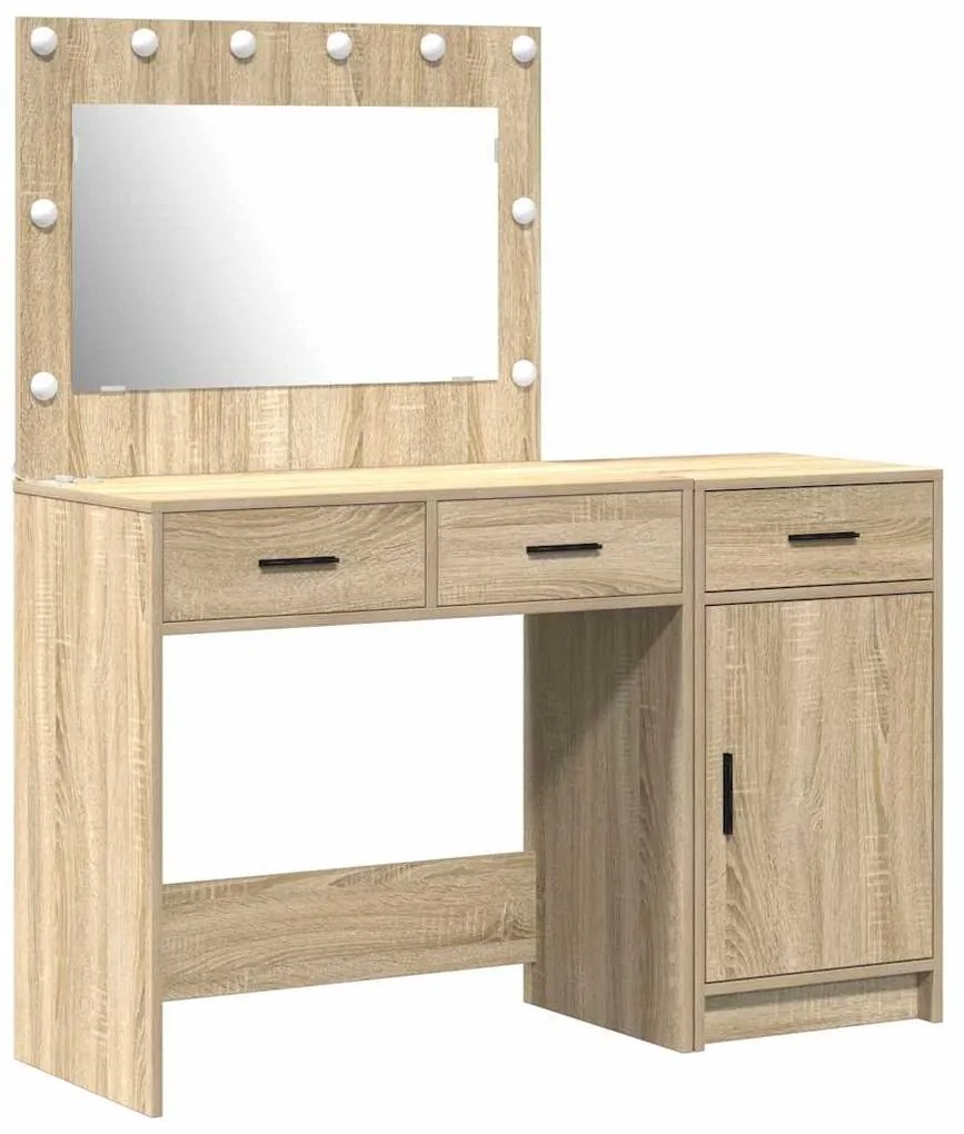 Conjunto de Mesa de Maquilhagem com LED de 2 Peças em Madeira de Carva