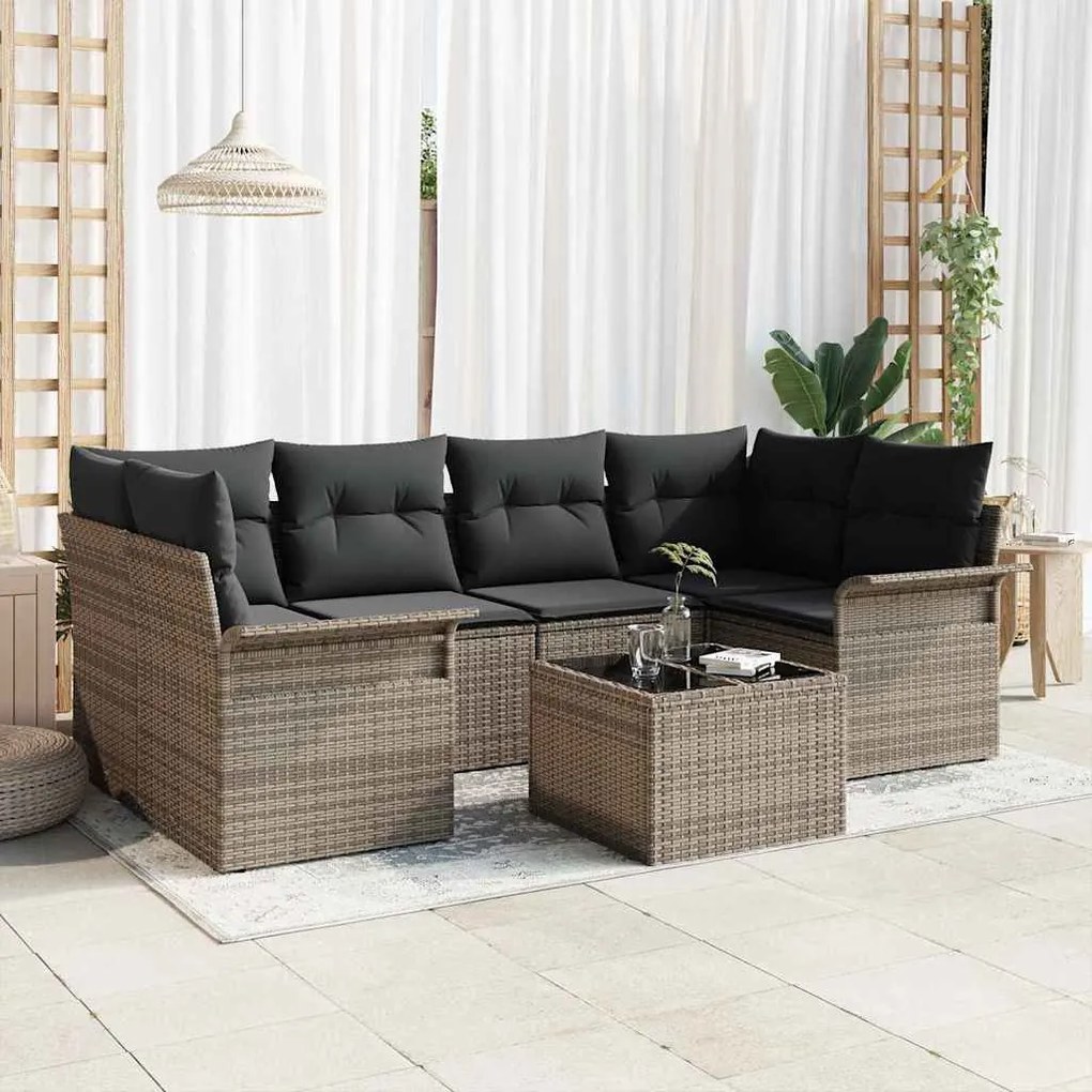vidaXL Conjunto de Sofá de Jardim de 7 Peças com Almofadas Cinzas de Rattan Sintético