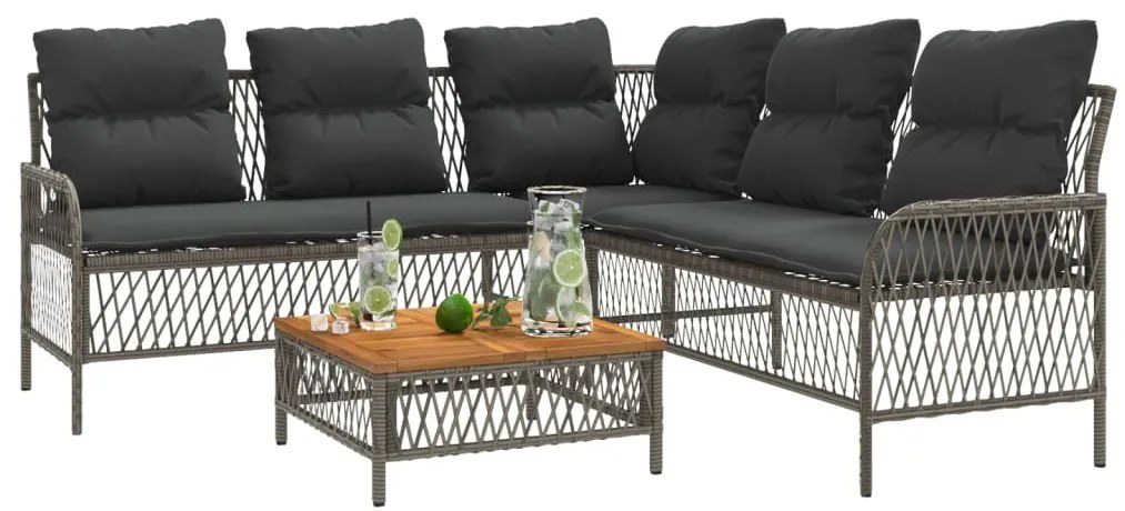 2 pcs conjunto sofás de jardim c/ almofadões vime PE cinzento