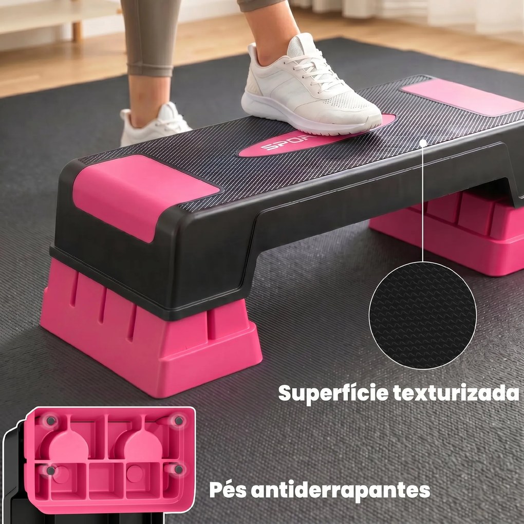 Step Aeróbico Step para Fitness com Altura Ajustável 12/17,5/22,5 cm Suporta 250 kg para Casa ou Ginásio Rosa