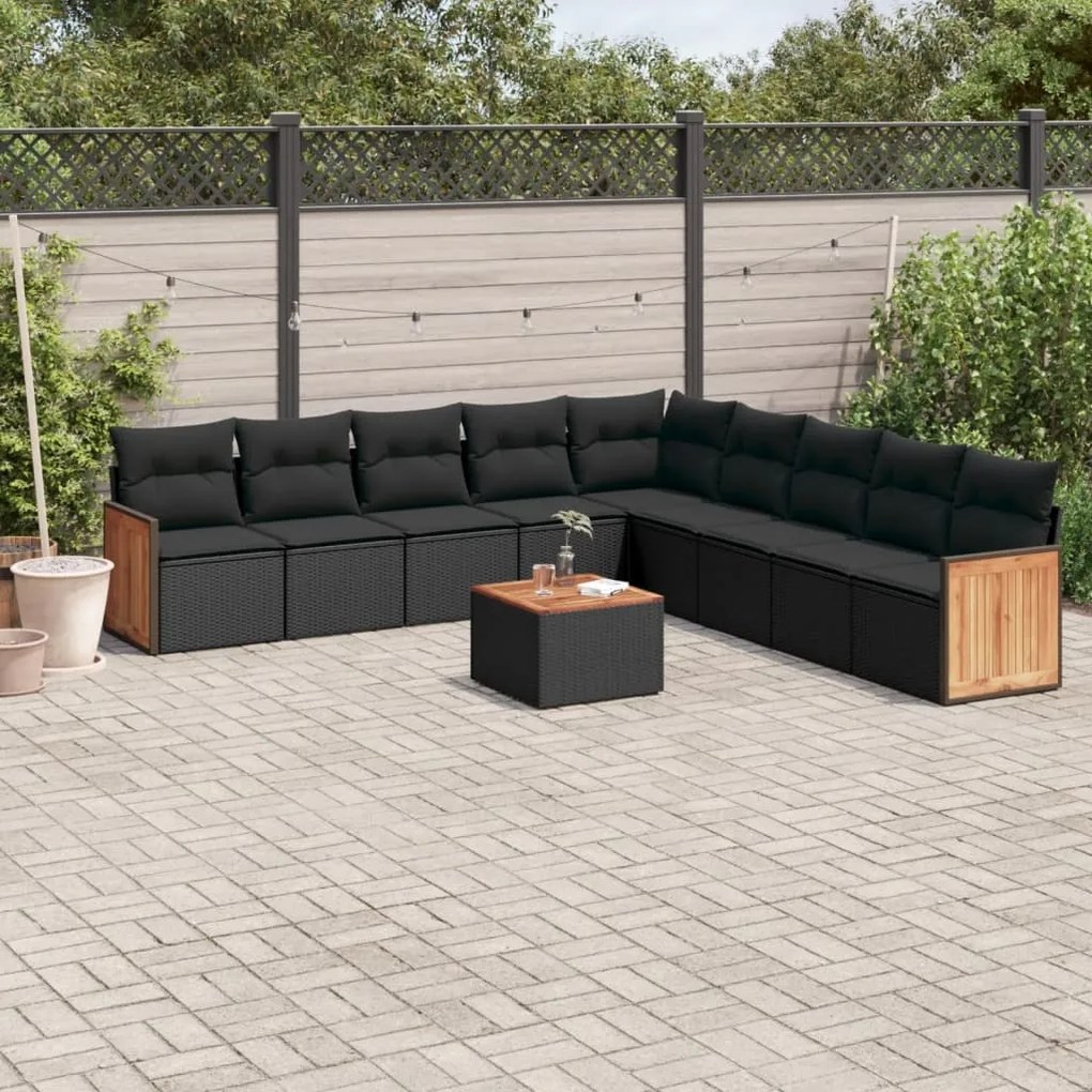 10 pcs conjunto sofás de jardim c/ almofadões vime PE preto