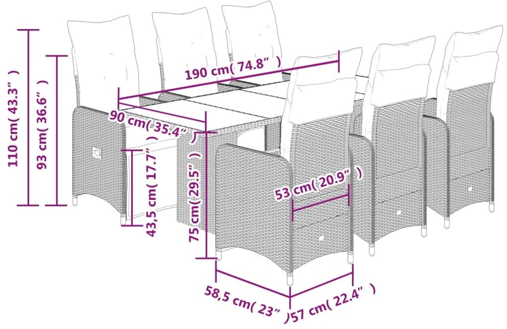 7 pcs conjunto bistrô de jardim c/ almofadões vime PE cinza