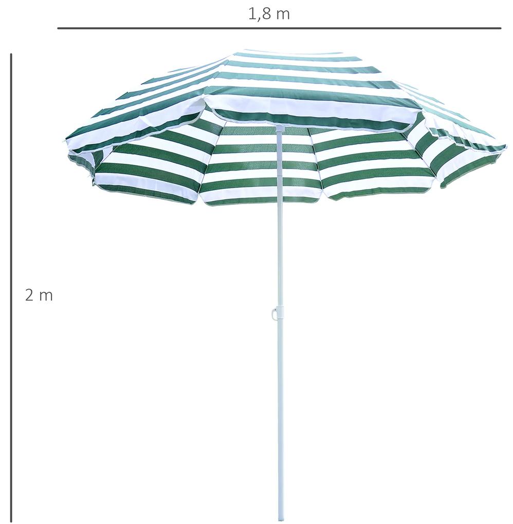 Chapéu de Sol de Praia Ø180cm com Teto Inclinável e Mastro de Metal Proteção Solar para Jardim Terraço Exterior Listras Verdes e Branco