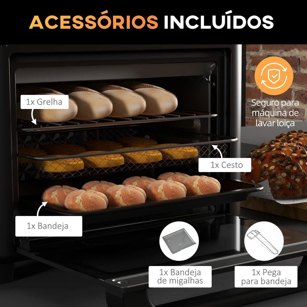 Mini Forno Elétrico Multifuncional de 13L 12000W com 12 Modos Temporizador e Temperatura Ajustável 33,5x32x32,5 cm Branco