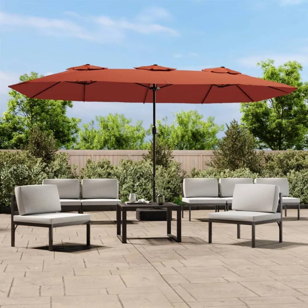 Guarda-sol de jardim c/ cabeça dupla/LED 449x245 cm terracotta