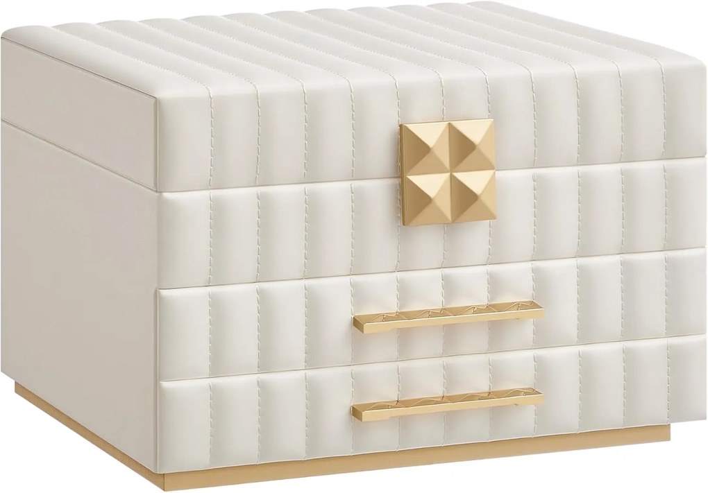 SONGMICS HOME Coleção ANAH - Caixa de joias de 3 andares com espelho, organizador de joias com 2 gavetas, superfície de PU com costura, efeito flutuante, 21,5 x 24 x 15,8 cm, ideia de presente, branco nuvem JBC183W01