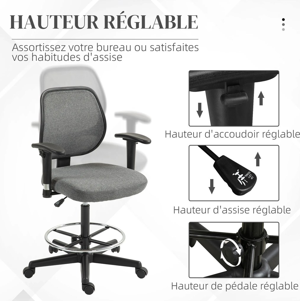 Cadeira de escritório com assento alto ajustável, braços 60 x 57 x 97-119 cm com rodas, cinzenta