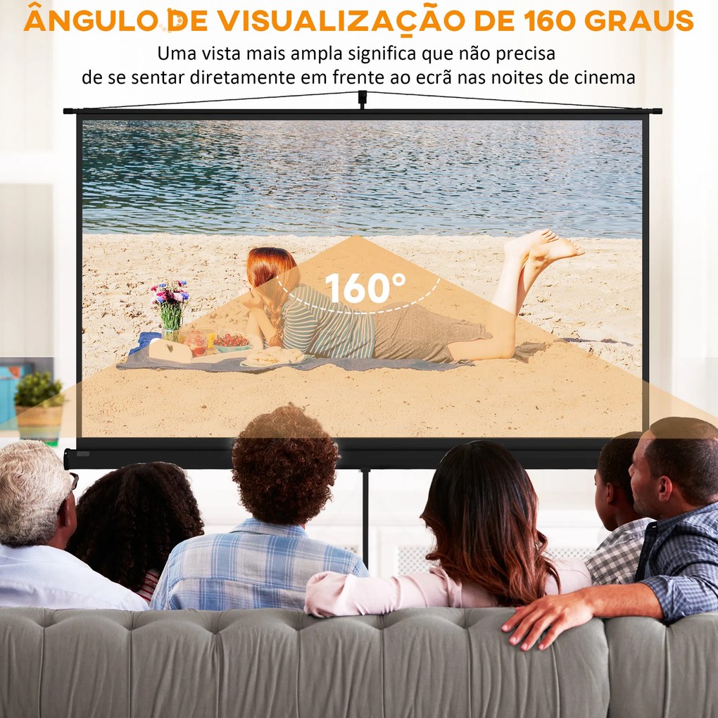 Tela de Projeção Manual com Suporte 100 Polegadas Portátil Formato 16:9 com Altura Ajustável 235,8x8x136 cm Branco e Preto