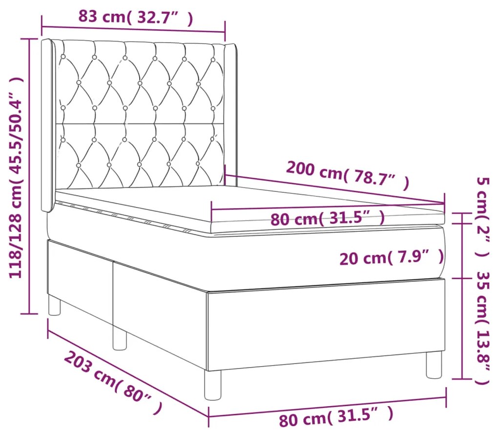 Cama box spring c/ colchão e LED 80x200 cm tecido cor creme