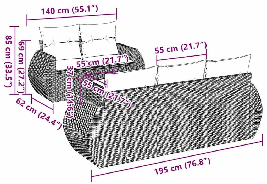 6 pcs conjunto sofás de jardim c/ almofadões vime PE preto