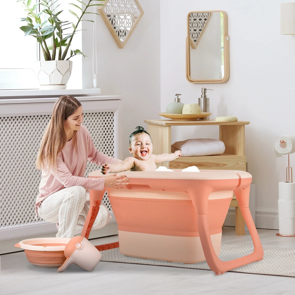 HOMCOM Banheira dobrável e portátil para bebê com recipiente para xampu bacia e banco conjunto de 4 peças de banho81,5x60x46,5 cm Rosa