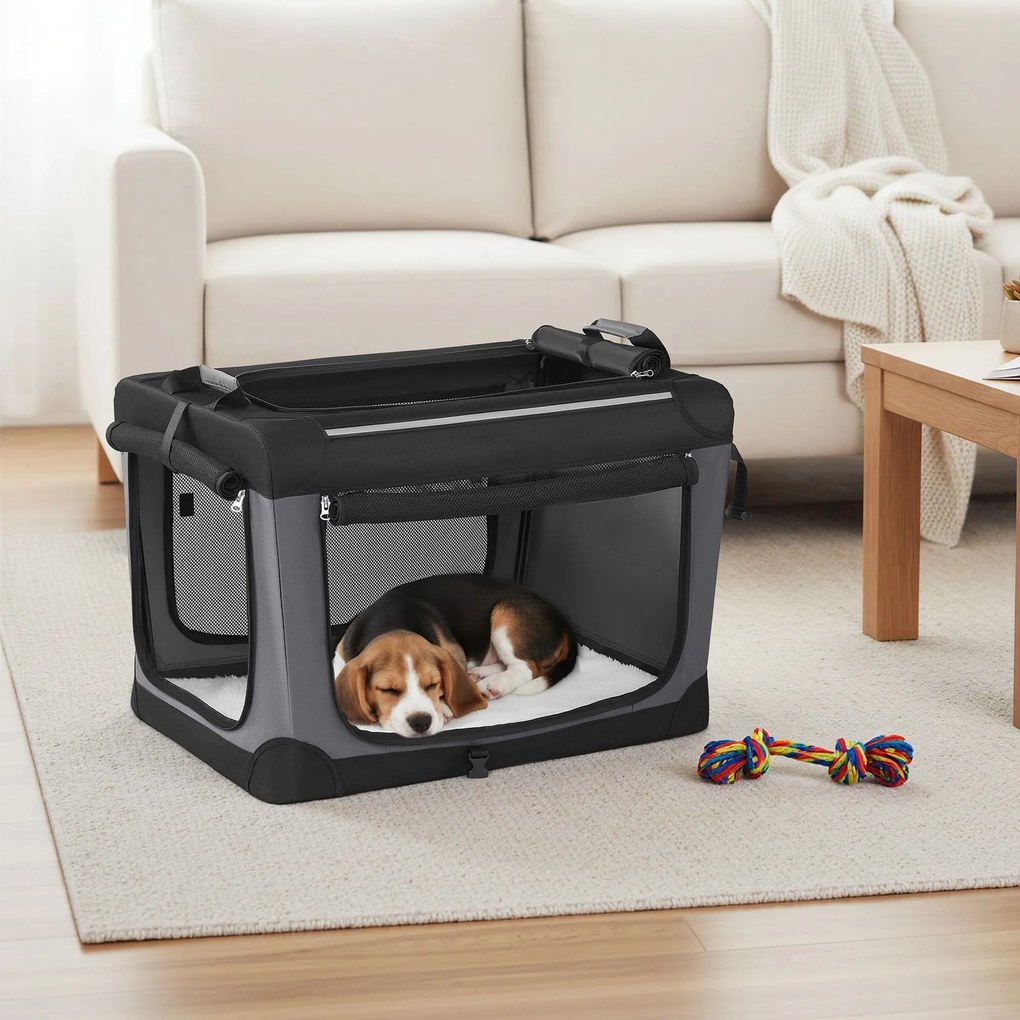 Caixa de transporte para cães pequenos, bolsa dobrável para cães com portas e bolsos em tecido de malha, viagens 60 x 42 x 42 cm preto