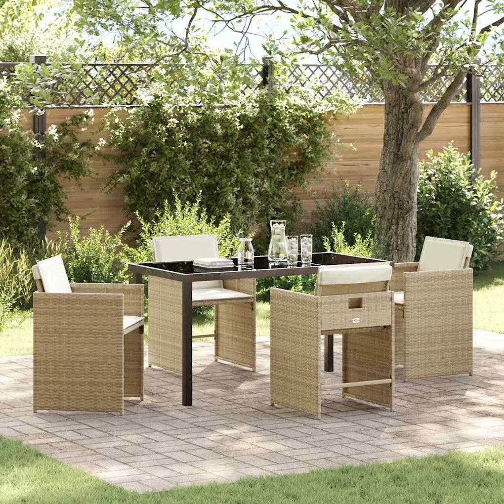 Conjunto de Jantar de Jardim de 5 Peças com Almofadas Bege Rattan PE