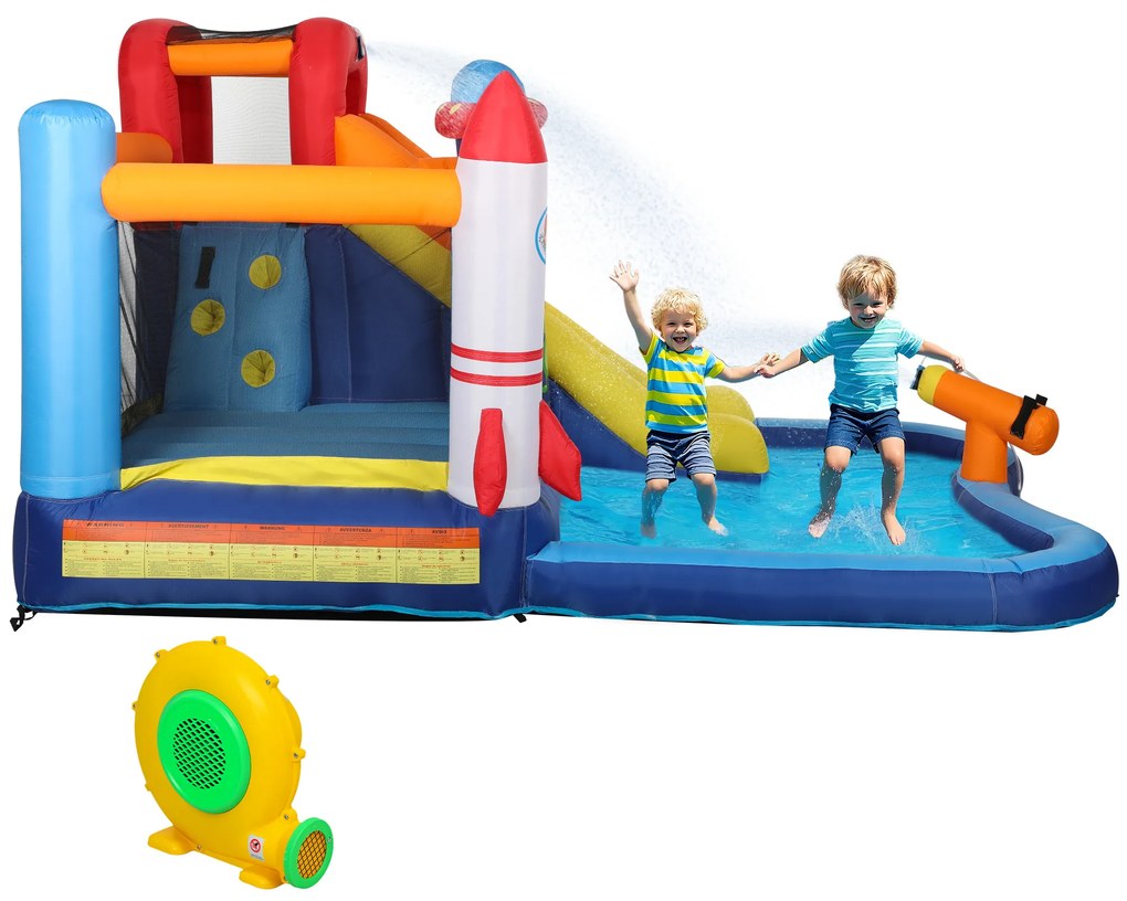 Castelo Insuflável com Insuflador 5 em 1 com Escorrega Piscina  Parede de Escalada e Canhão de Água 360x250x195 cm Multicor