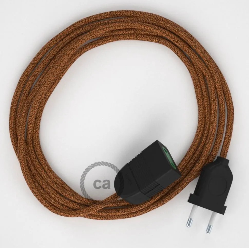 Cabo extensão em Seda Artificial Cobre Brilhante RL22 2P 10A. Fabricado em Itália. - 5 Metros / Preto
