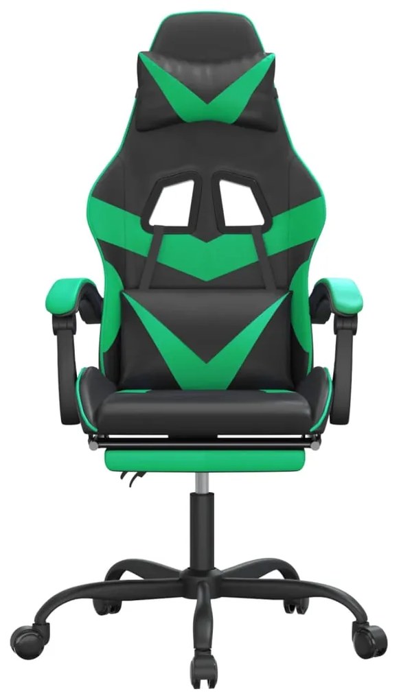 Cadeira gaming giratória c/ apoio pés couro artif. preto/verde