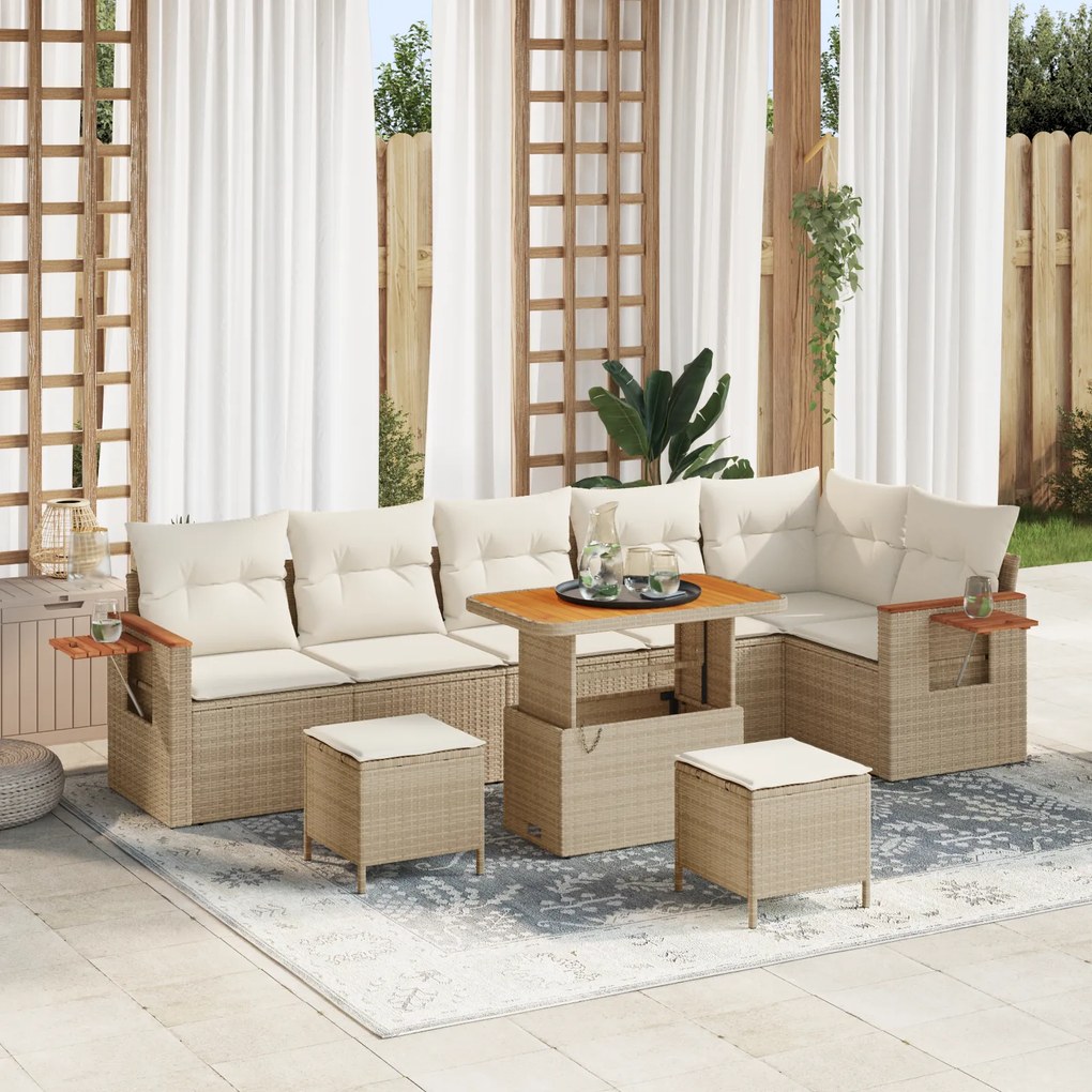 Conjunto de Sofás VidaXL de 9 Peças com Almofadas Bege Vime Sintético Acácia