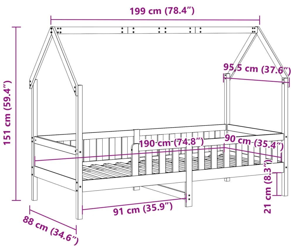 Cama infantil formato de casa 90x190 cm pinho maciço branco