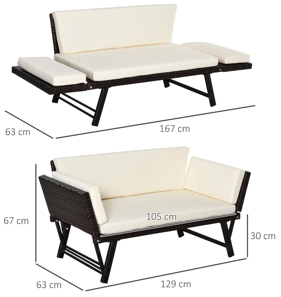 Sofá de 2 Lugares Vime Sintético Convertível em Cama Sofá de Jardim Exterior com Almofada Mobiliário Pátio Terraço 129x63x67 cm Castanho e Bege