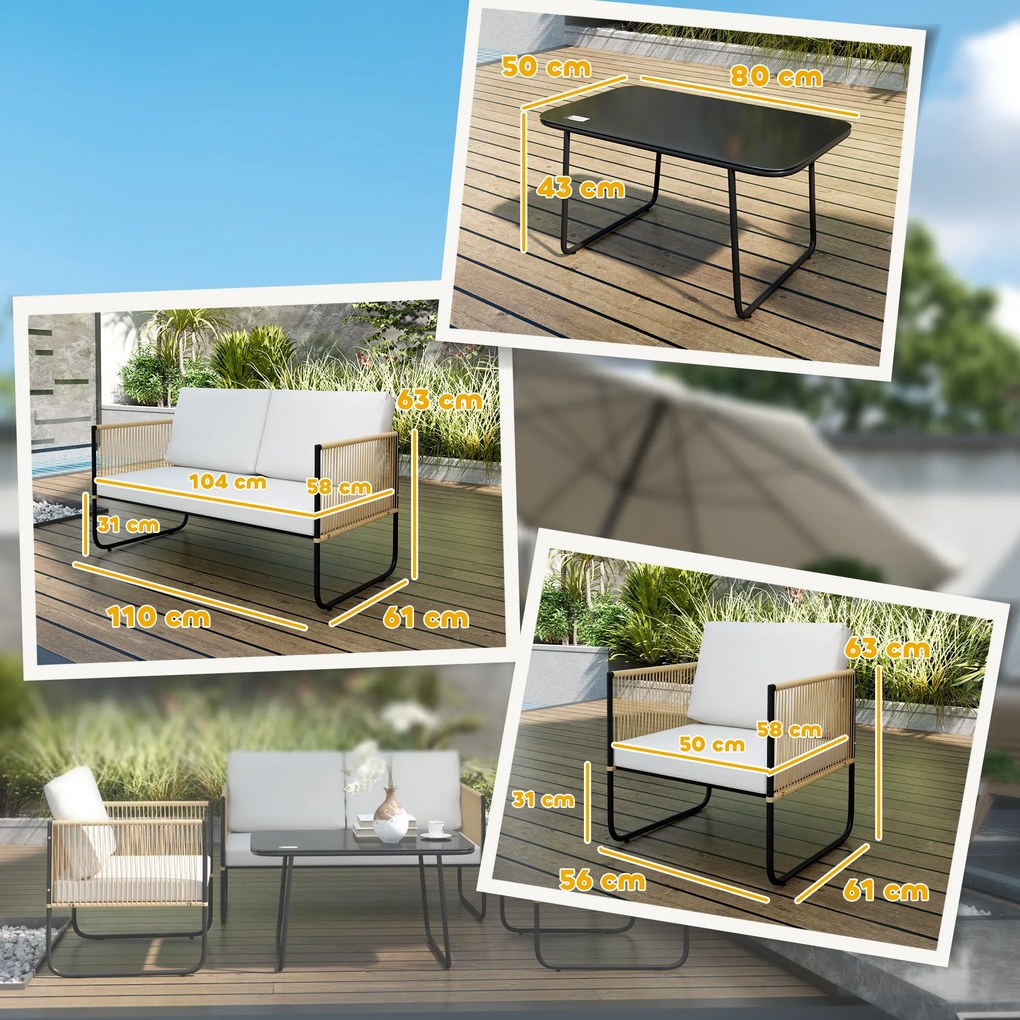 Conjunto de jardim de 4 peças com sofá de 2 lugares, 2 poltronas, 1 mesa de centro de vidro e almofadas – branco creme