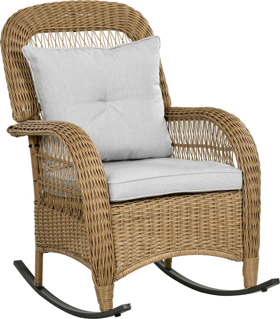 Outsunny Cadeira de balanço estilo boho, PE-rattan, cadeira de balanço em rattan, capas de almofadas laváveis, Natural + Cinza claro | Aosom Portugal