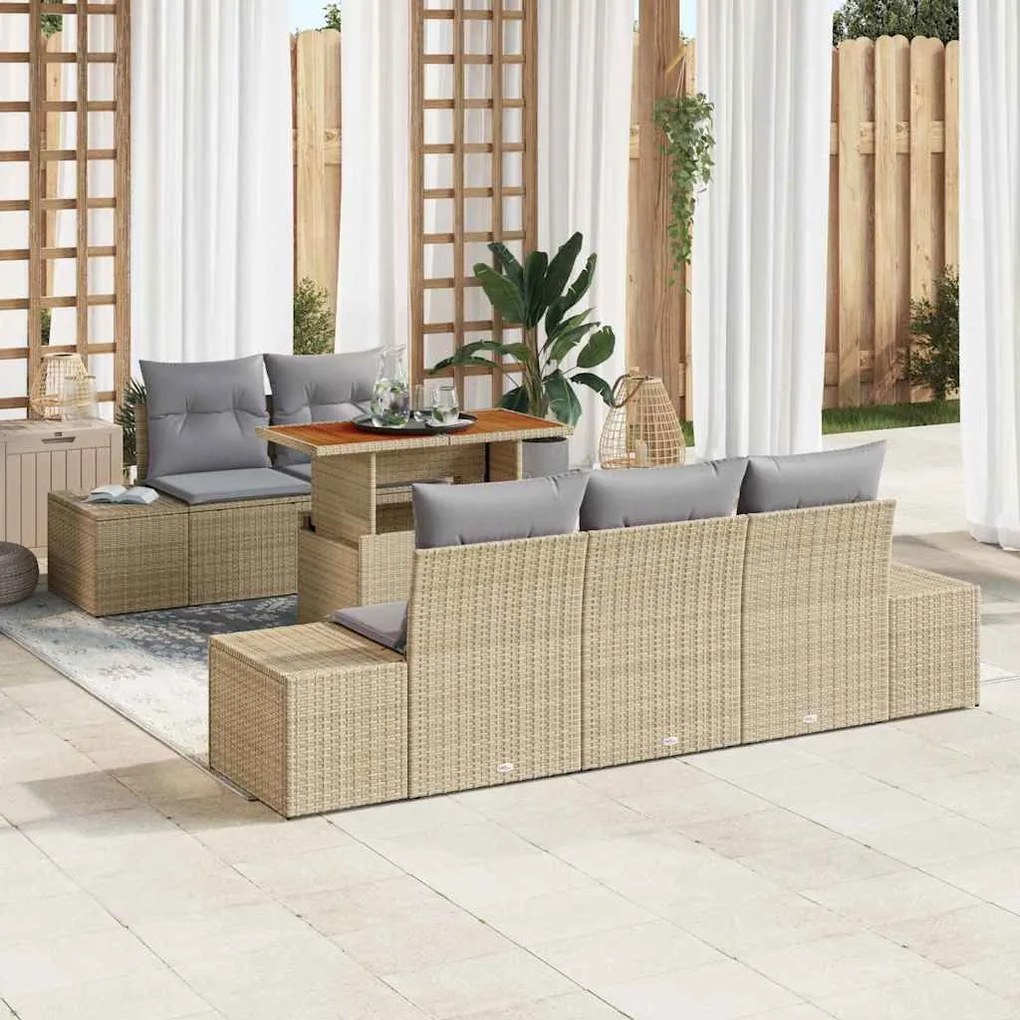 vidaXL Conjunto de jantar de jardim com 6 peças, almofadas bege, feito de rattan sintético e madeira de acácia.