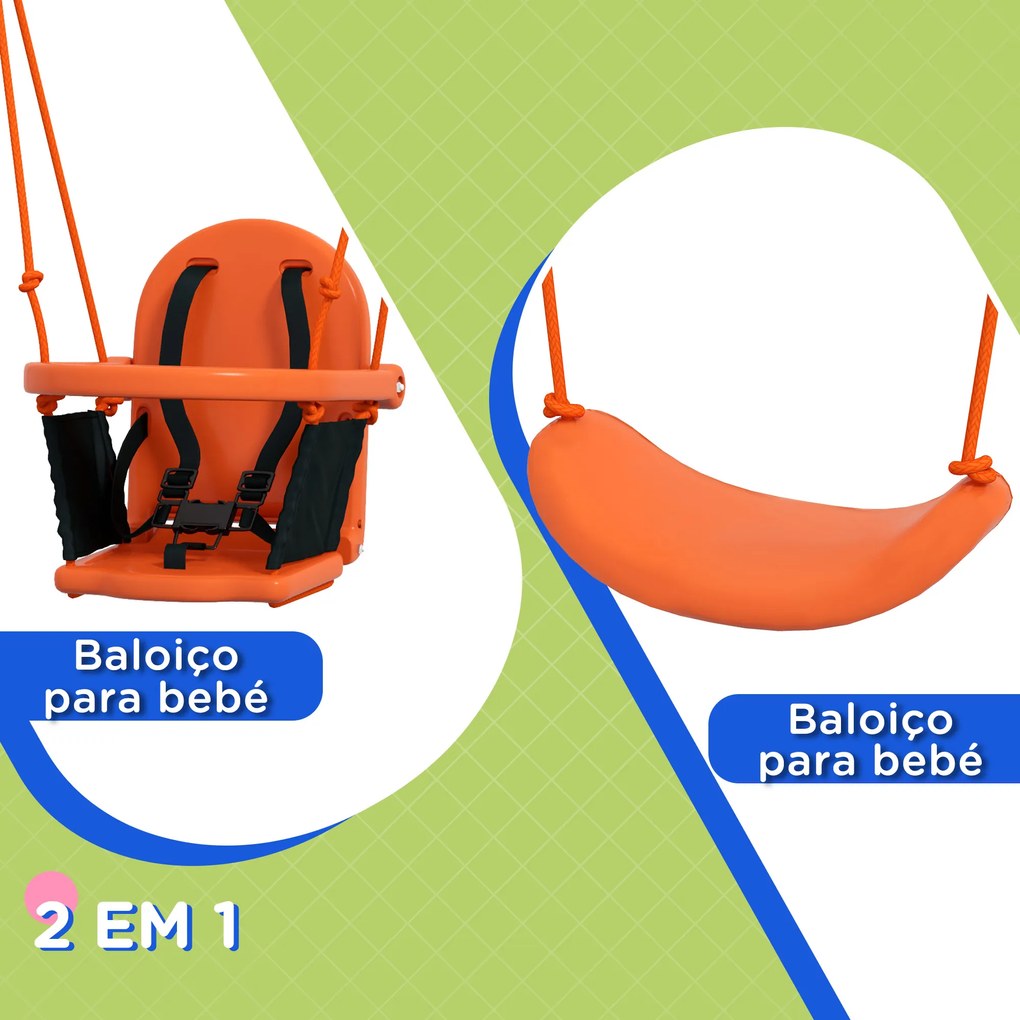 Baloiço 2 em 1 com 1 Assento para Crianças 1 Assento para Bebés e Cinto de Segurança 180x160x182 cm Laranja