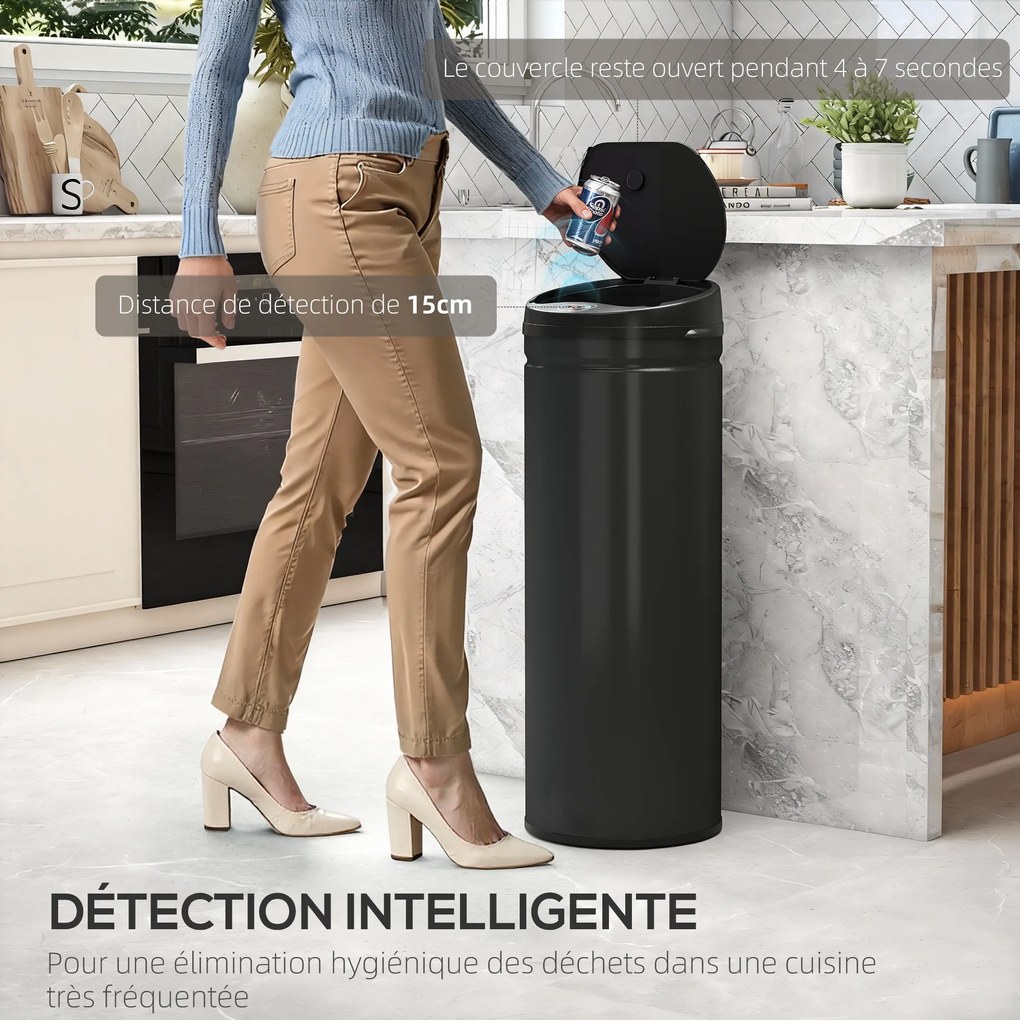 Caixote do lixo automático para cozinha de 50 L em aço inoxidável, com tampa de fecho suave, 30,5 x 30,5 x 85 cm, preto