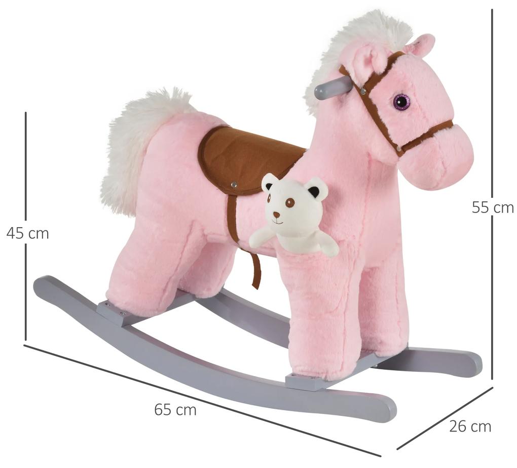 Cavalo Baloiço para Crianças de 18-36 Meses Cavalo de Balançar com Ursinho de Pelúcia Sons de Relinchos e Galopes base de Madeira 65x26x55cm Rosa