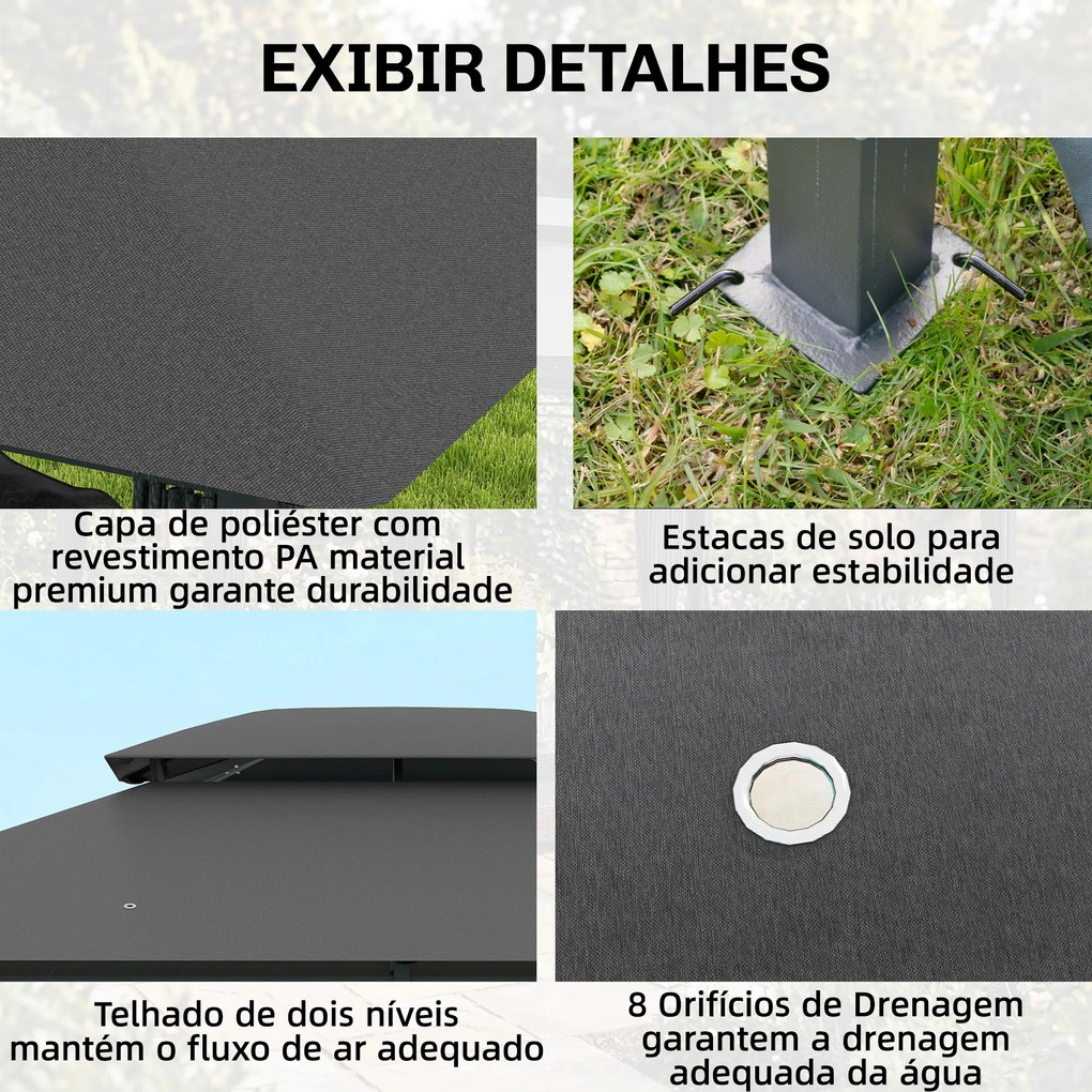 Pérgola de Jardim 3x4 m com Teto Duplo 6 Paredes Laterais Estrutura Metálica Drenagem Pérgola para Exterior  Cinzento