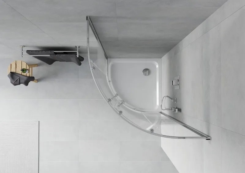 Mexen Rio cabine de duche semicircular 90 x 90 cm, faixas brancas, cromado + base Flat, branco - 863-090-090-01-20-4110