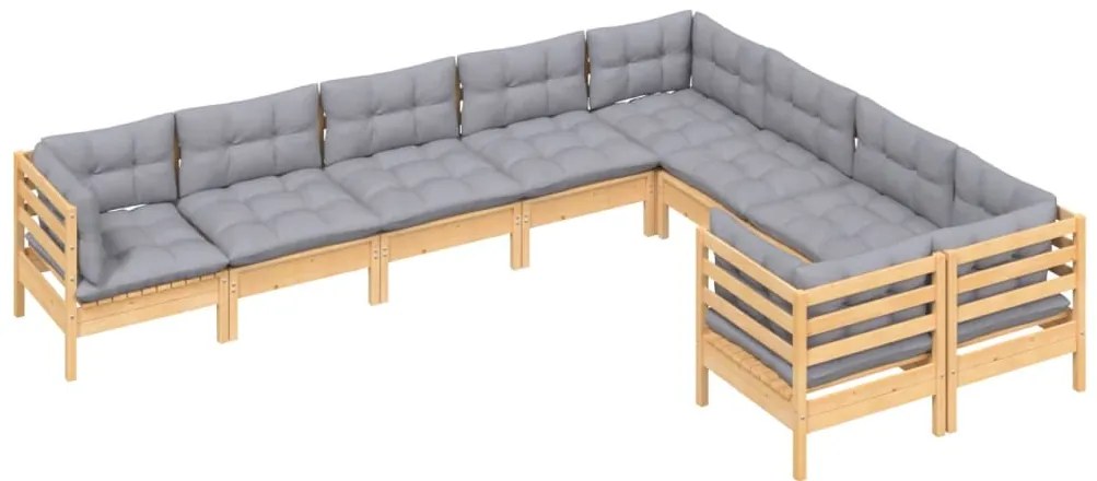 9 pcs conjunto lounge de jardim c/ almofadões cinzentos pinho