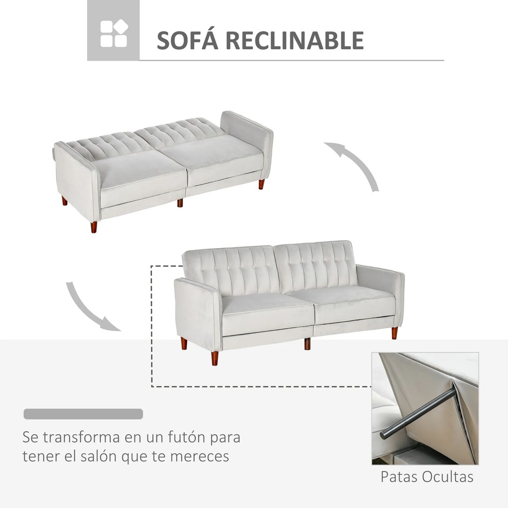 HOMCOM Sofá de 2 Lugares Convertível em Cama Estofado Aveludado com Encosto Ajustável e Pés de Madeira para Sala de Estar Escritório 189x81x83,5cm Cinza Claro