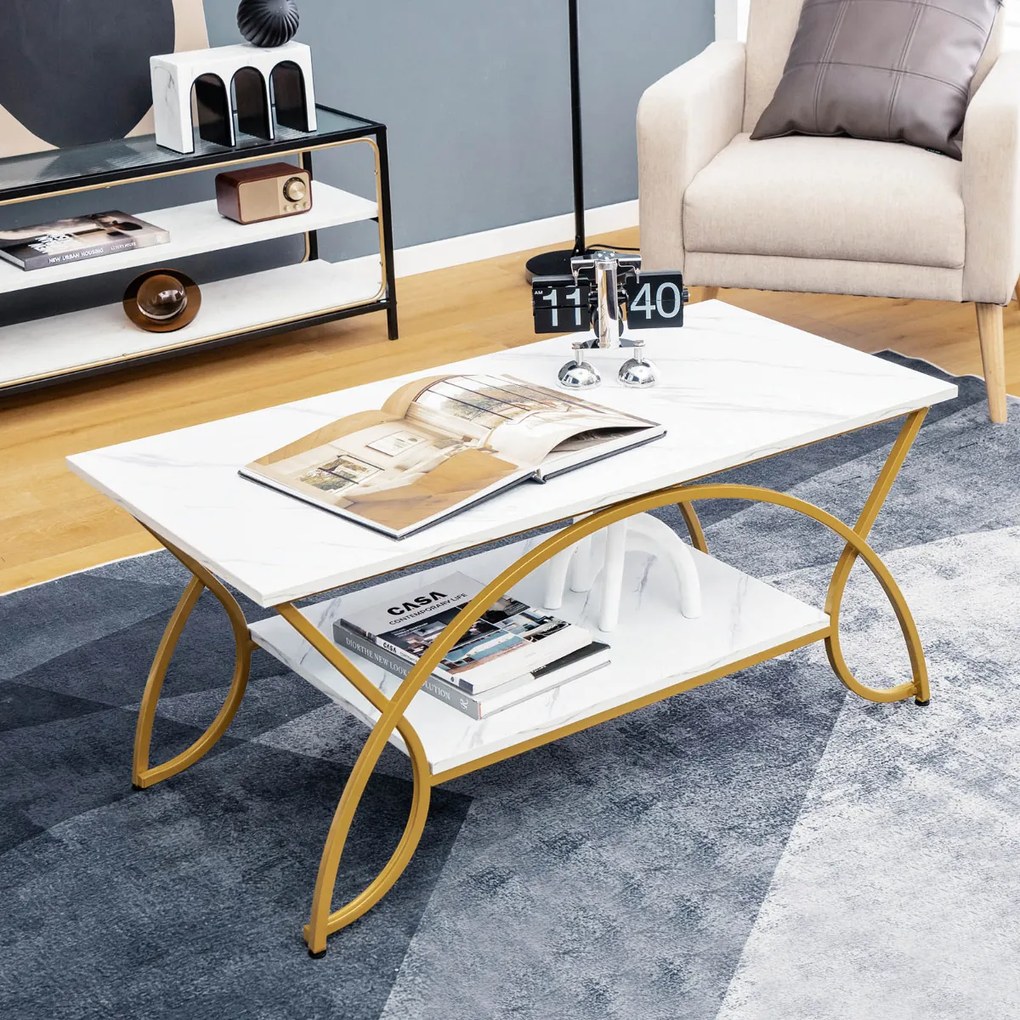 Mesa de centro moderna Imitação Mármore Mesa de café 2 níveis Mesa baixa Moldura metálica dourada Prateleira da sala de estar 100 x 50 x 45 cm Branco