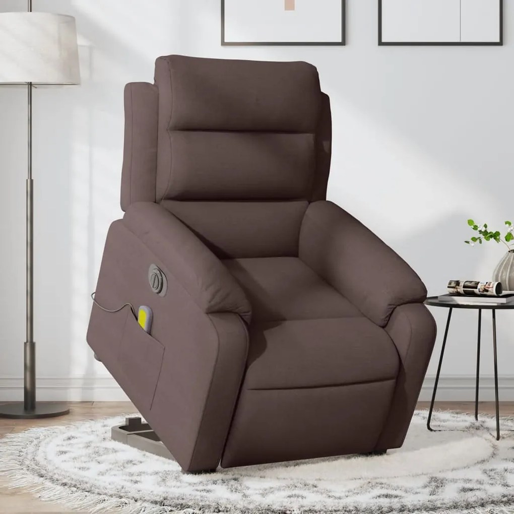 vidaXL Poltrona elétrica elevatória massagens tecido castanho-escuro