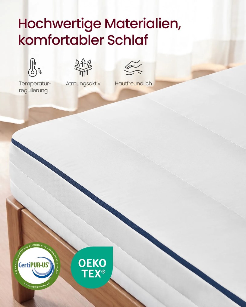 Colchão 90 x 200 x 16 cm, espuma viscoelástica com gel, 7 zonas Branco