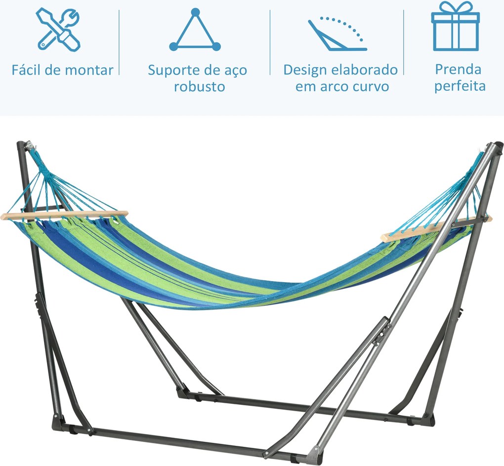 Cama Rede com Suporte Dobrável 2 em 1 Estendal com Barra Estrutura de Aço para Jardim 270x100x94 cm Azul e Verde
