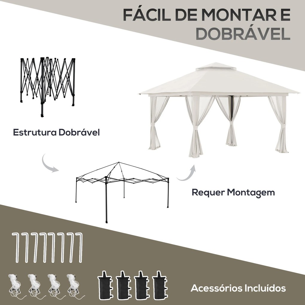 Outsunny Tenda Dobrável Pop-UP 3,92x3,92x2,83m Tenda de Jardim com Altura Ajustável Proteção UV50+ Teto Duplo Rede Mosquiteira e Bolsa de Transporte com Rodas para Festas Campismo Bege