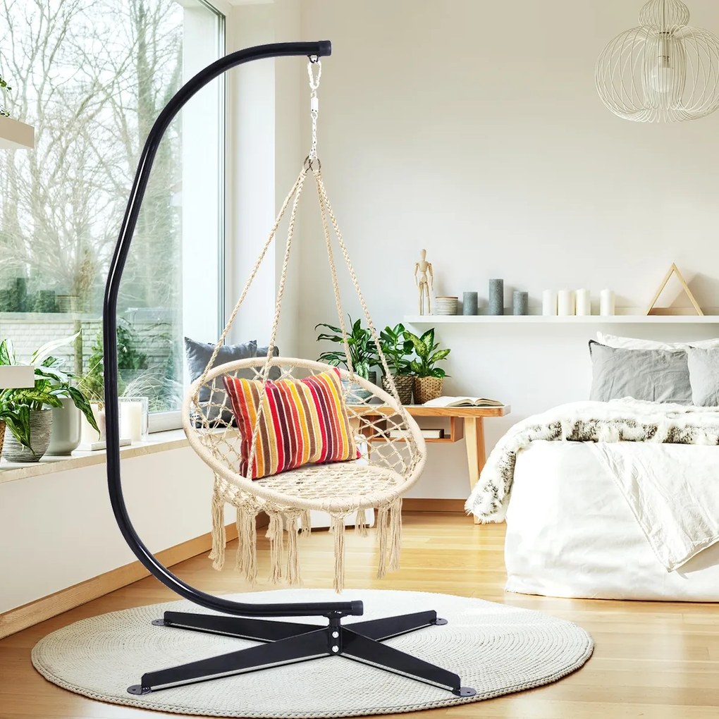 Cadeira de rede pendurar em algodão e aço com borlas Cadeira de rede até 150KG para Jardim Pátio Terraçõ Criança adulto 80 x 60 x 125 cm