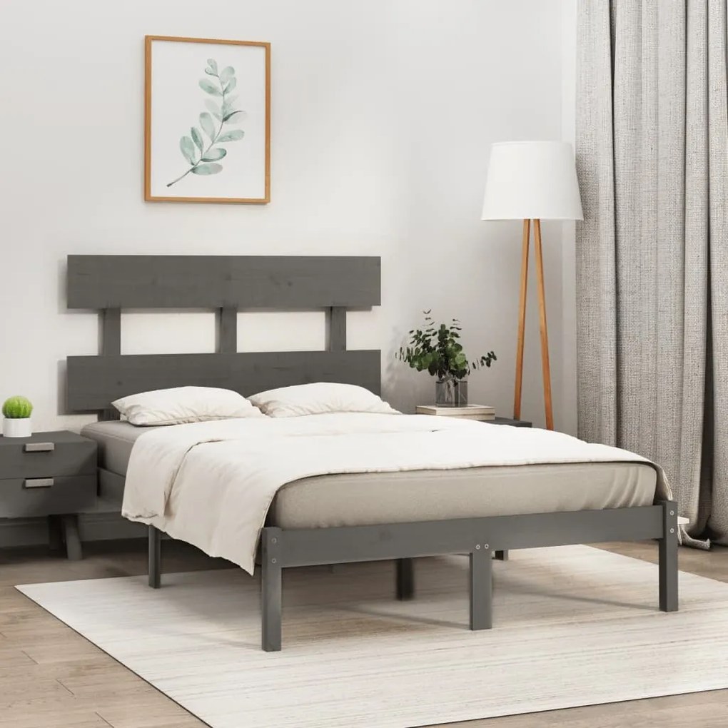 Estrutura de cama casal 135x190 cm madeira maciça cinzento