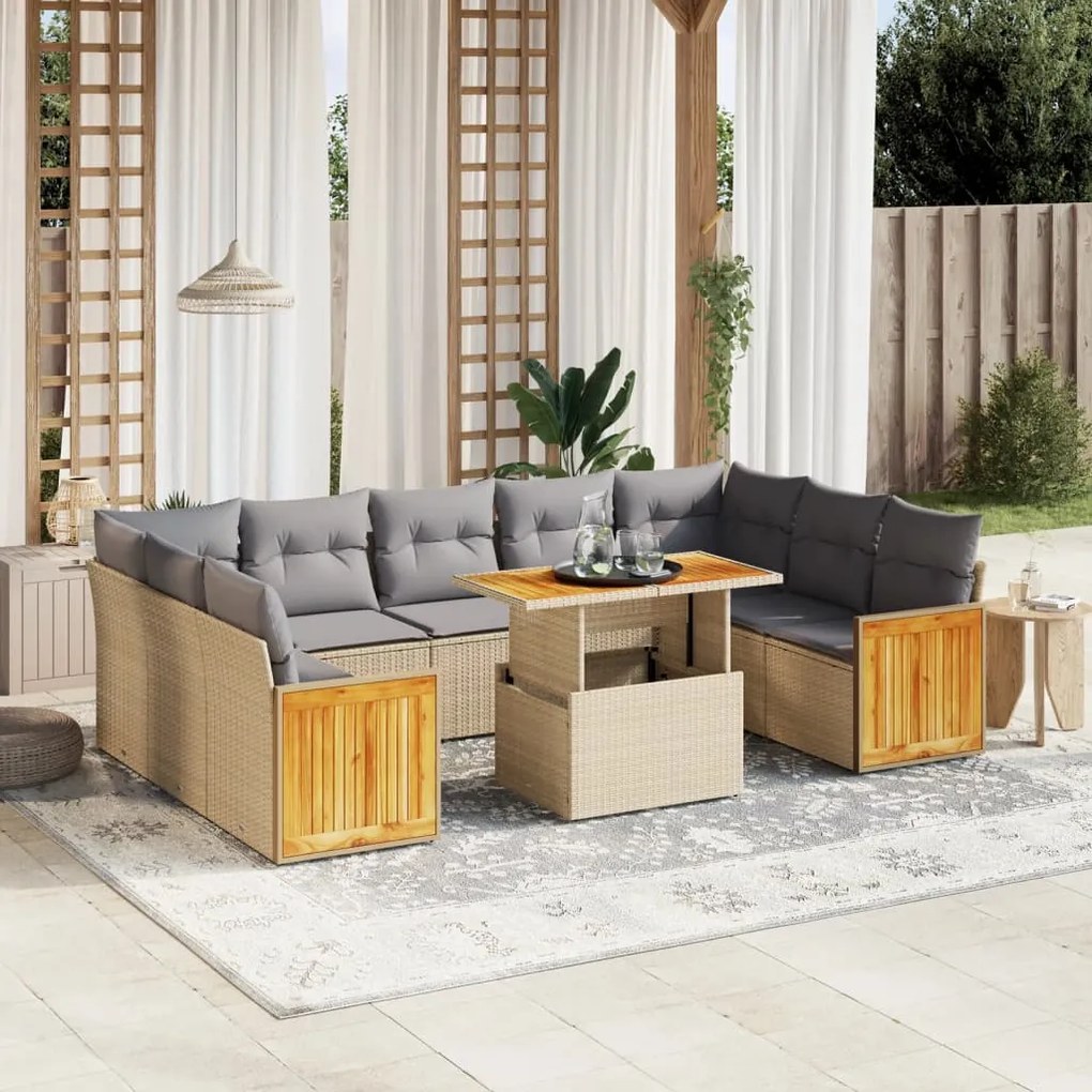 vidaXL 10 pcs conjunto de sofás p/ jardim com almofadões vime PE bege