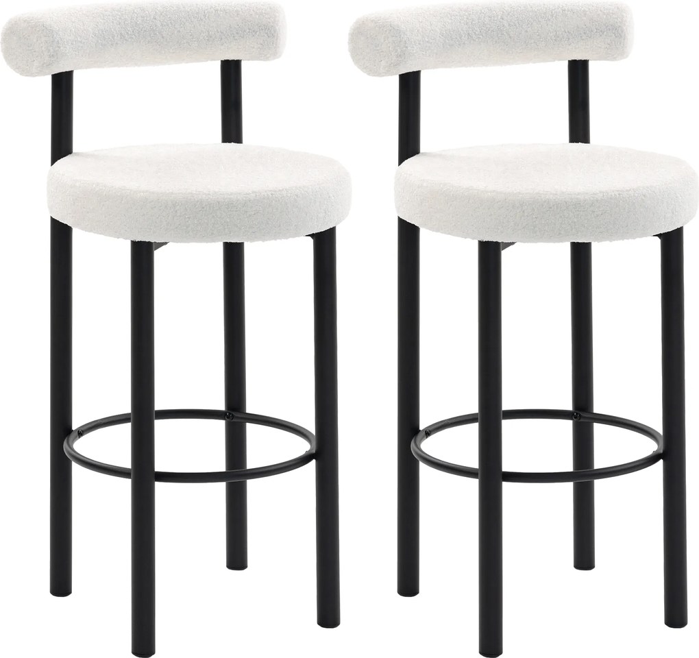 HOMCOM Conjunto de 2 Bancos de Bar Cadeiras de Bar em Tecido Bouclê com Encosto Curvo Apoio para os Pés 50x52,5x98 cm Creme | Aosom Portugal