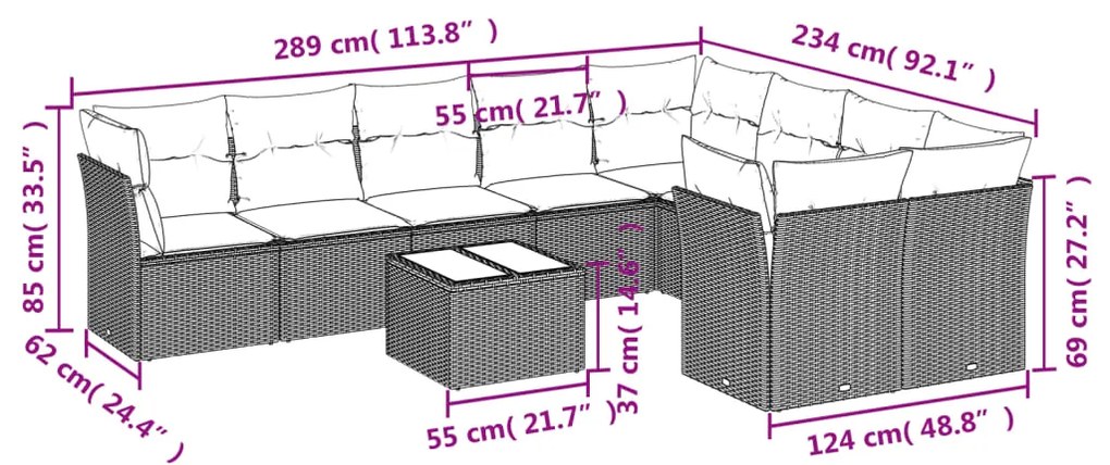 10 pcs conj. sofás jardim com almofadões vime PE cinzento-claro