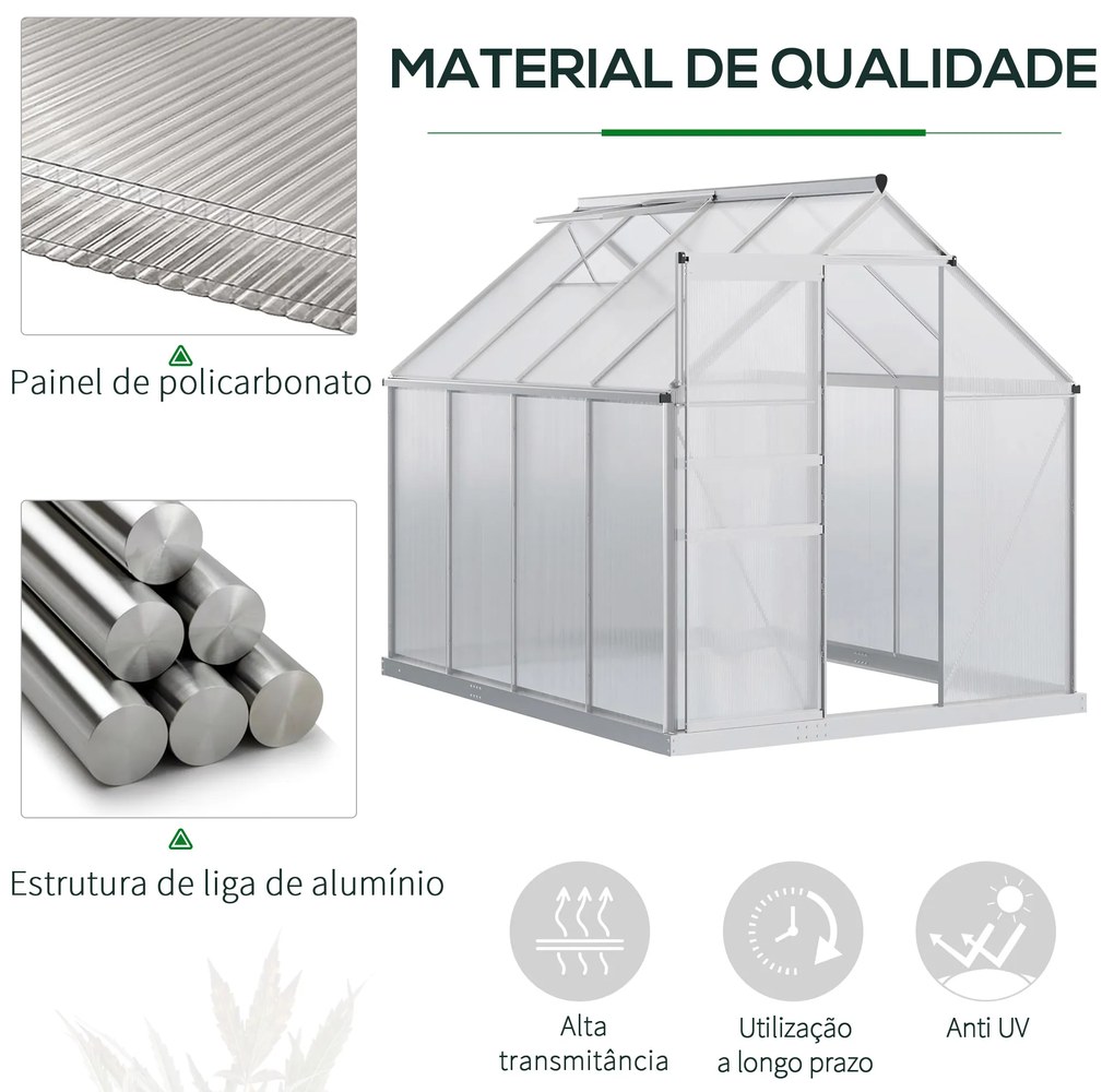 Outsunny Estufa de Jardim de Policarbonato e Alumínio Estufa de Exterior com Porta Corredeira e 2 Clarobóias para Cultivo de Plantas Sementes 190x253x199cm Transparente